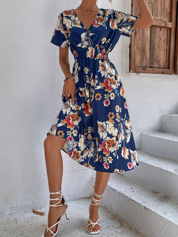Summer new elegant vacation V-neck floral print short-sleeved dress BLUE ZONE PLANET
