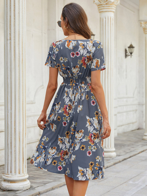 Summer new elegant vacation V-neck floral print short-sleeved dress BLUE ZONE PLANET