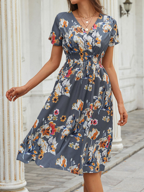 Summer new elegant vacation V-neck floral print short-sleeved dress BLUE ZONE PLANET