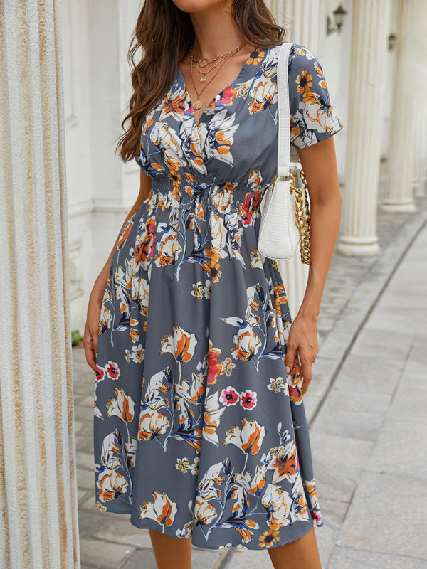 Summer new elegant vacation V-neck floral print short-sleeved dress BLUE ZONE PLANET