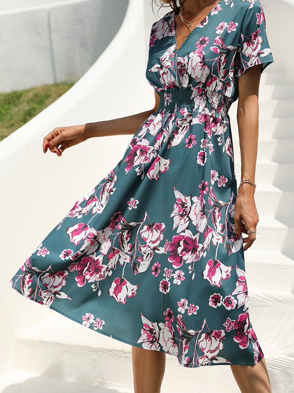 Summer new elegant vacation V-neck floral print short-sleeved dress BLUE ZONE PLANET