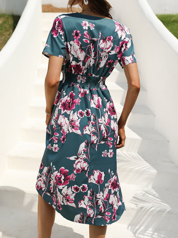 Summer new elegant vacation V-neck floral print short-sleeved dress BLUE ZONE PLANET