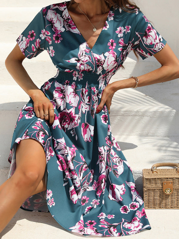 Summer new elegant vacation V-neck floral print short-sleeved dress BLUE ZONE PLANET