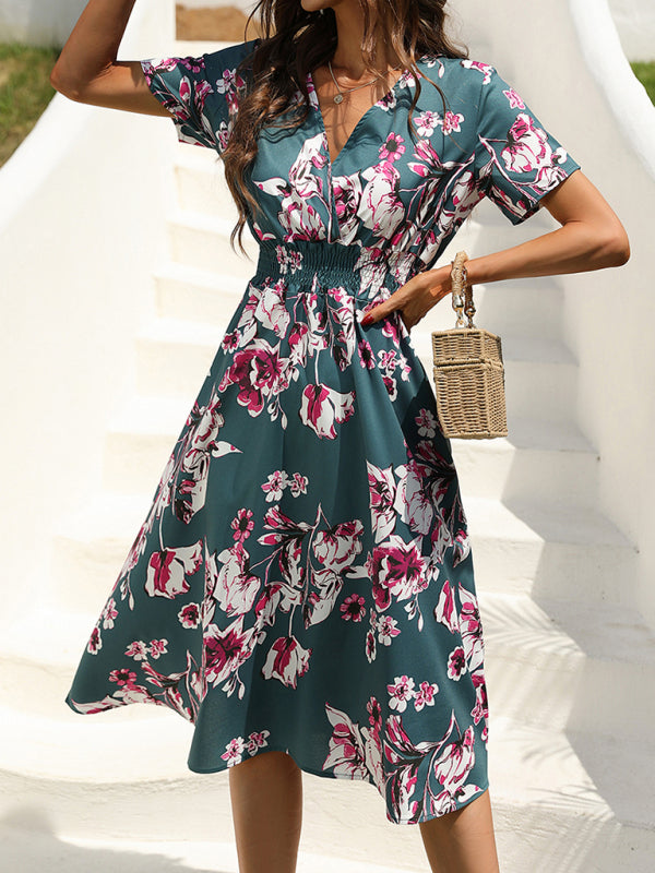 Summer new elegant vacation V-neck floral print short-sleeved dress BLUE ZONE PLANET