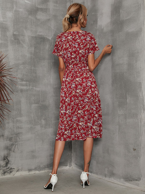 Summer new elegant vacation V-neck floral print short-sleeved dress BLUE ZONE PLANET