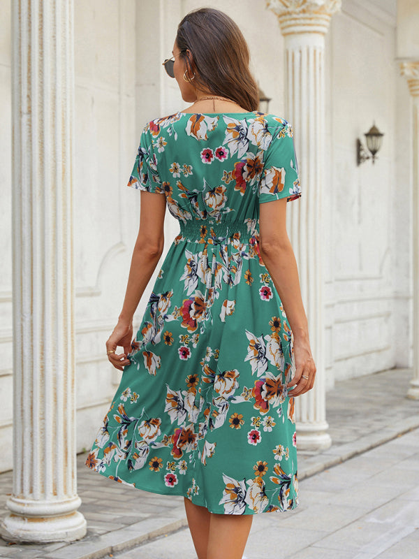 Summer new elegant vacation V-neck floral print short-sleeved dress BLUE ZONE PLANET