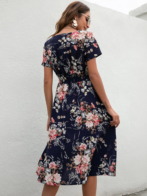 Summer new elegant vacation V-neck floral print short-sleeved dress BLUE ZONE PLANET