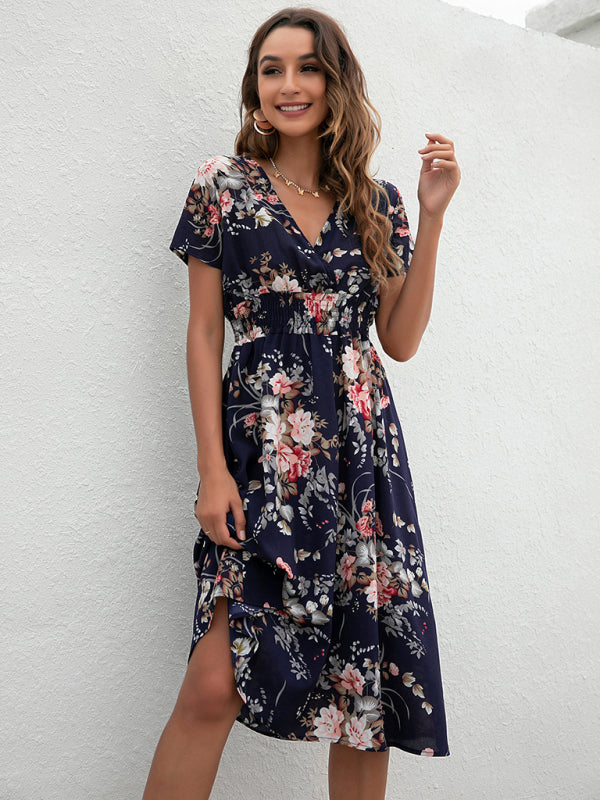 Summer new elegant vacation V-neck floral print short-sleeved dress BLUE ZONE PLANET