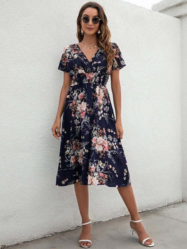 Summer new elegant vacation V-neck floral print short-sleeved dress BLUE ZONE PLANET