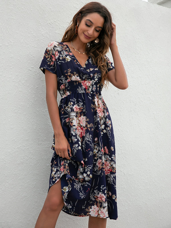Summer new elegant vacation V-neck floral print short-sleeved dress BLUE ZONE PLANET