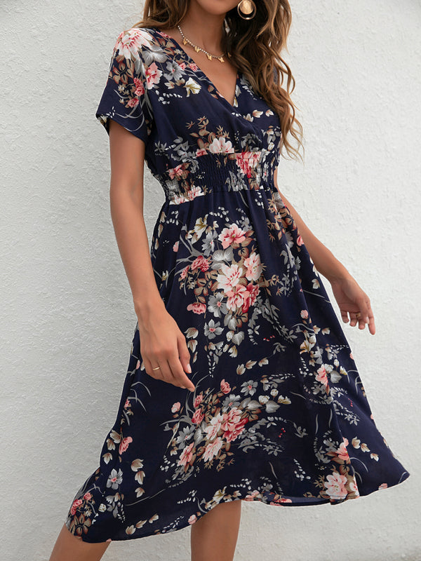 Summer new elegant vacation V-neck floral print short-sleeved dress BLUE ZONE PLANET