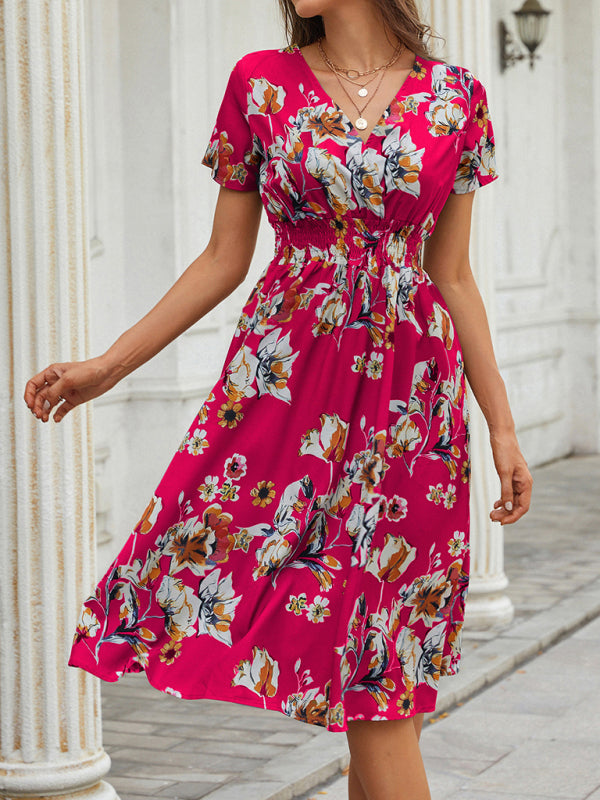 Summer new elegant vacation V-neck floral print short-sleeved dress BLUE ZONE PLANET