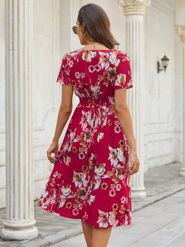 Summer new elegant vacation V-neck floral print short-sleeved dress BLUE ZONE PLANET