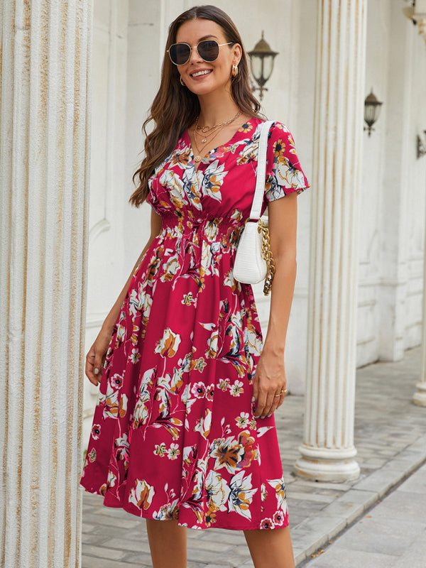 Summer new elegant vacation V-neck floral print short-sleeved dress BLUE ZONE PLANET