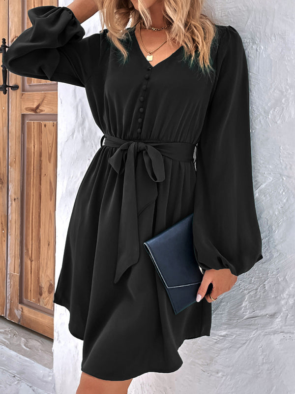 Woven V-Neck Long Sleeve Dress BLUE ZONE PLANET