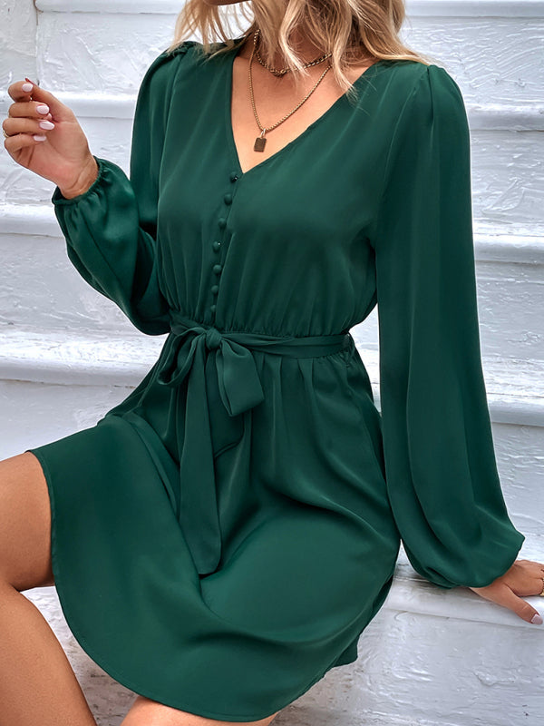 Woven V-Neck Long Sleeve Dress BLUE ZONE PLANET