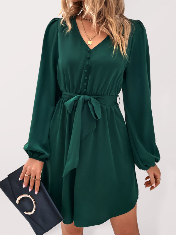 Woven V-Neck Long Sleeve Dress BLUE ZONE PLANET