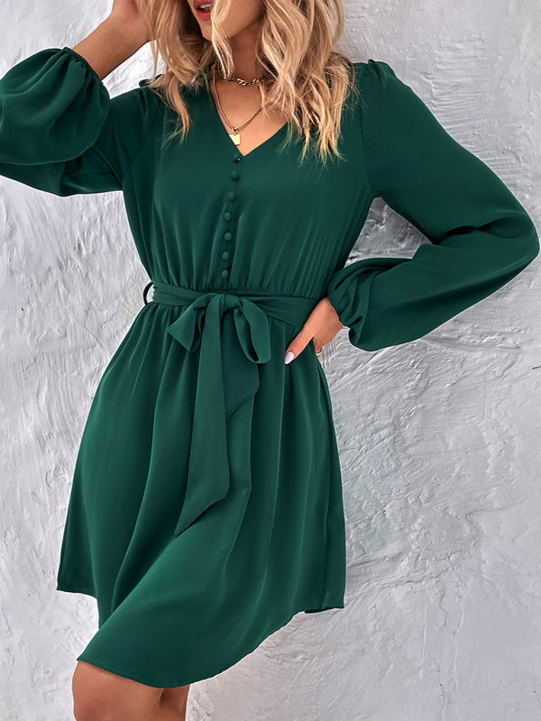 Woven V-Neck Long Sleeve Dress BLUE ZONE PLANET