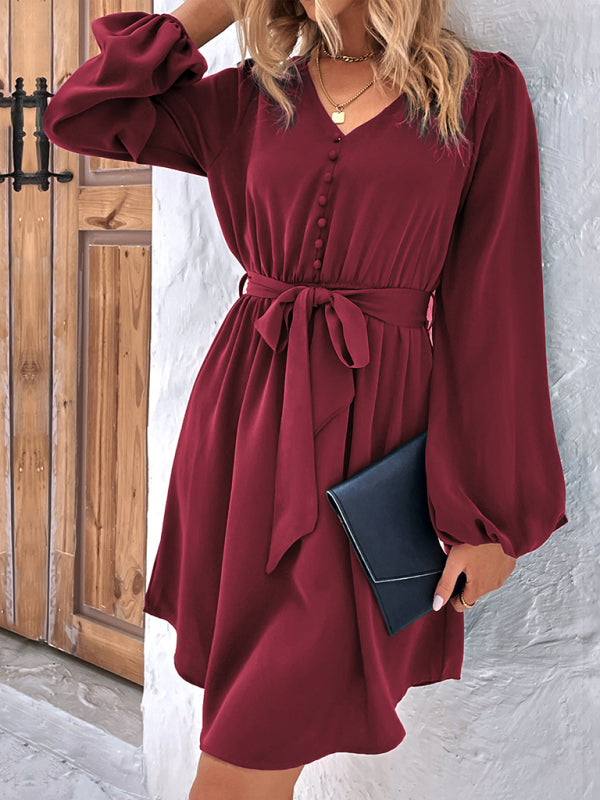 Woven V-Neck Long Sleeve Dress BLUE ZONE PLANET