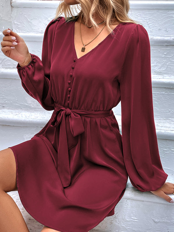 Woven V-Neck Long Sleeve Dress BLUE ZONE PLANET