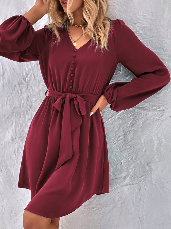 Woven V-Neck Long Sleeve Dress BLUE ZONE PLANET