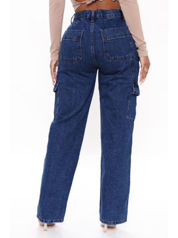 Blue Zone Planet | Women's Solid Multi-Pocket Cargo Jeans kakaclo