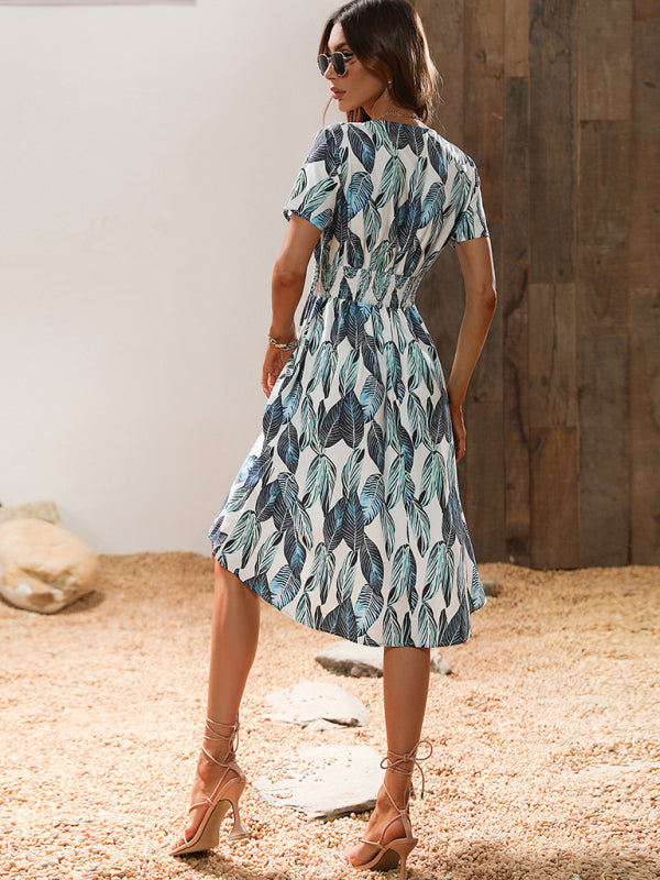 Blue Zone Planet | Summer new elegant casual vacation V-neck floral print short-sleeved dress BLUE ZONE PLANET