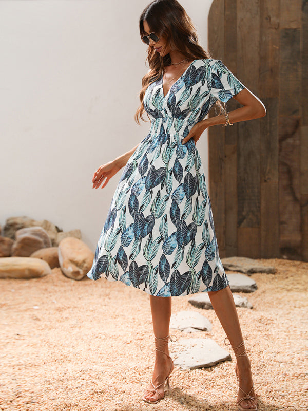 Blue Zone Planet | Summer new elegant casual vacation V-neck floral print short-sleeved dress BLUE ZONE PLANET