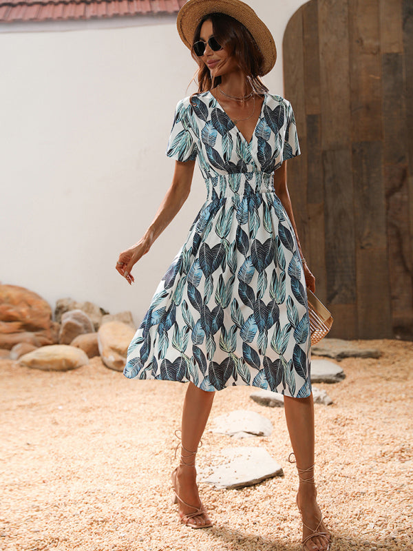 Blue Zone Planet | Summer new elegant casual vacation V-neck floral print short-sleeved dress BLUE ZONE PLANET