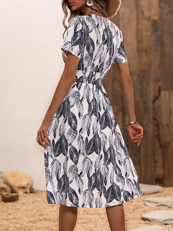Blue Zone Planet | Summer new elegant casual vacation V-neck floral print short-sleeved dress BLUE ZONE PLANET