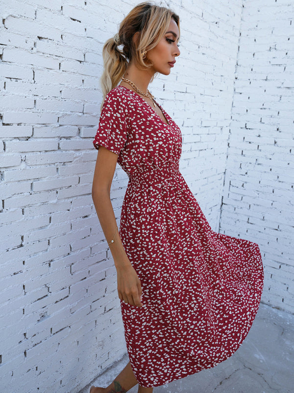 Summer elegant vacation V-neck floral print short-sleeved dress kakaclo
