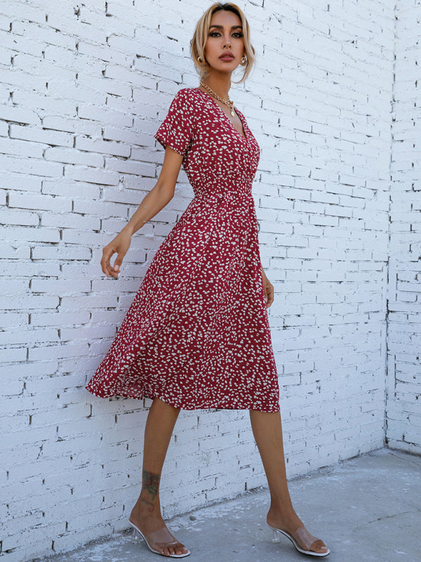 Summer elegant vacation V-neck floral print short-sleeved dress kakaclo