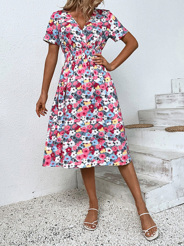 Summer new elegant vacation V-neck floral print short-sleeved dress BLUE ZONE PLANET