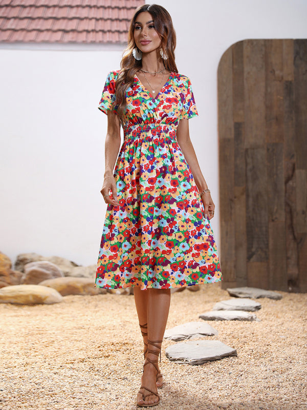 Summer new elegant vacation V-neck floral print short-sleeved dress BLUE ZONE PLANET