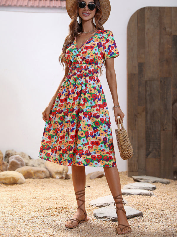 Summer new elegant vacation V-neck floral print short-sleeved dress BLUE ZONE PLANET