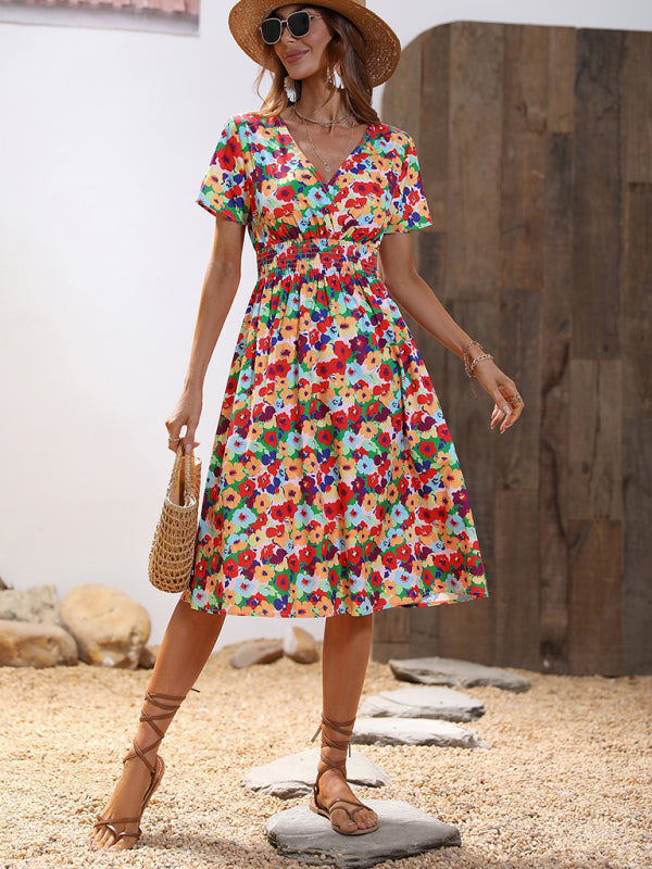Summer new elegant vacation V-neck floral print short-sleeved dress BLUE ZONE PLANET