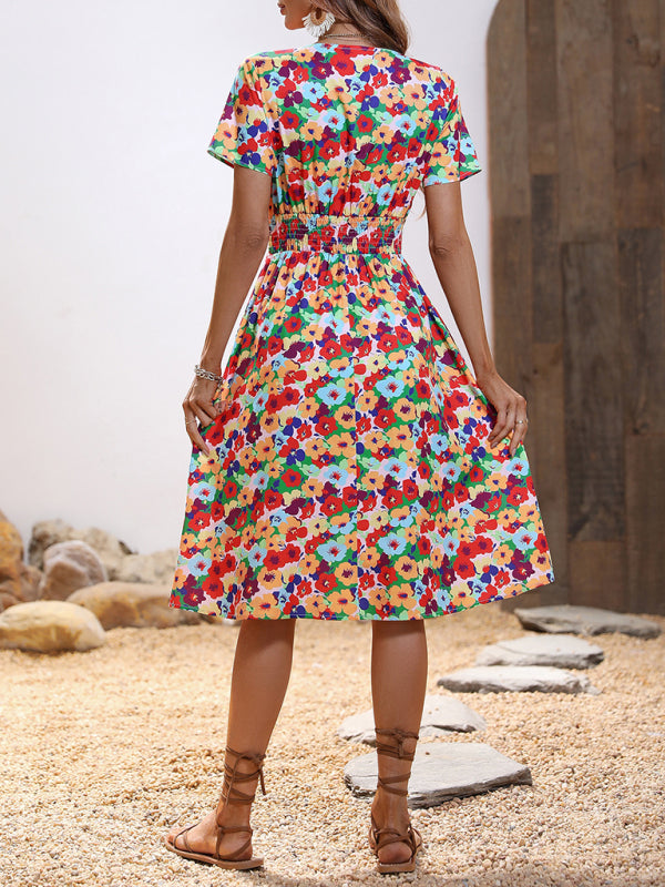Summer new elegant vacation V-neck floral print short-sleeved dress BLUE ZONE PLANET