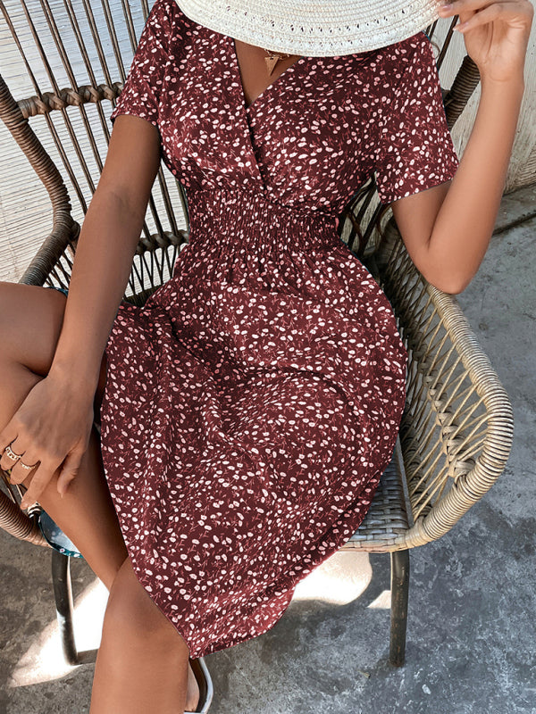 Summer new elegant vacation V-neck floral print short-sleeved dress BLUE ZONE PLANET