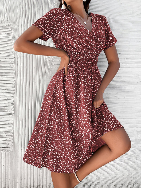 Summer new elegant vacation V-neck floral print short-sleeved dress BLUE ZONE PLANET