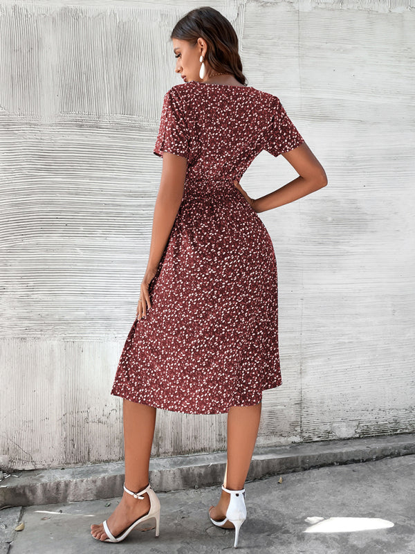 Summer new elegant vacation V-neck floral print short-sleeved dress BLUE ZONE PLANET