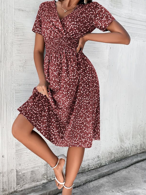 Summer new elegant vacation V-neck floral print short-sleeved dress BLUE ZONE PLANET