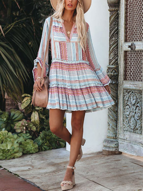 Fashion Printed Long Sleeve V Neck Stitching Dress kakaclo