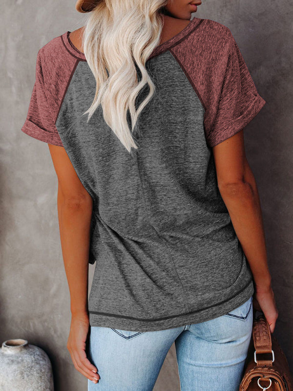 Ladies Colorblock Round Neck Short Sleeve T-Shirt kakaclo