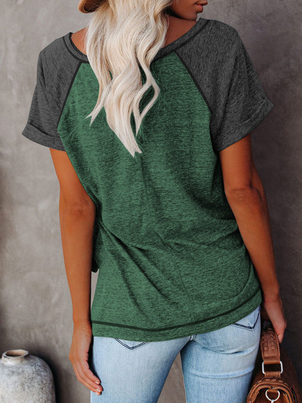 Ladies Colorblock Round Neck Short Sleeve T-Shirt kakaclo