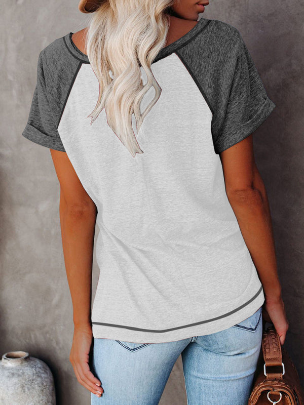 Ladies Colorblock Round Neck Short Sleeve T-Shirt kakaclo