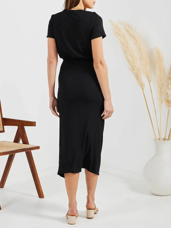 Solid Color V Neck Short Sleeve Drawstring Slit Dress kakaclo