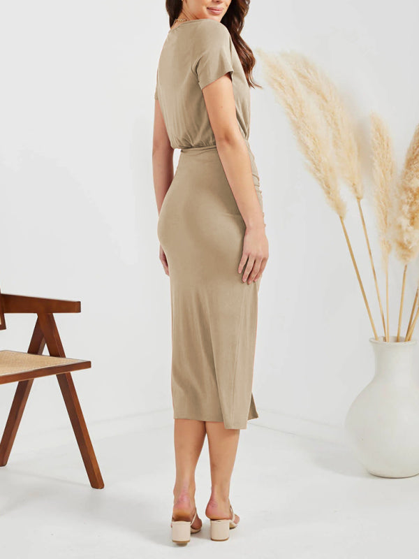 Solid Color V Neck Short Sleeve Drawstring Slit Dress kakaclo