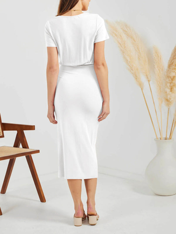 Solid Color V Neck Short Sleeve Drawstring Slit Dress kakaclo