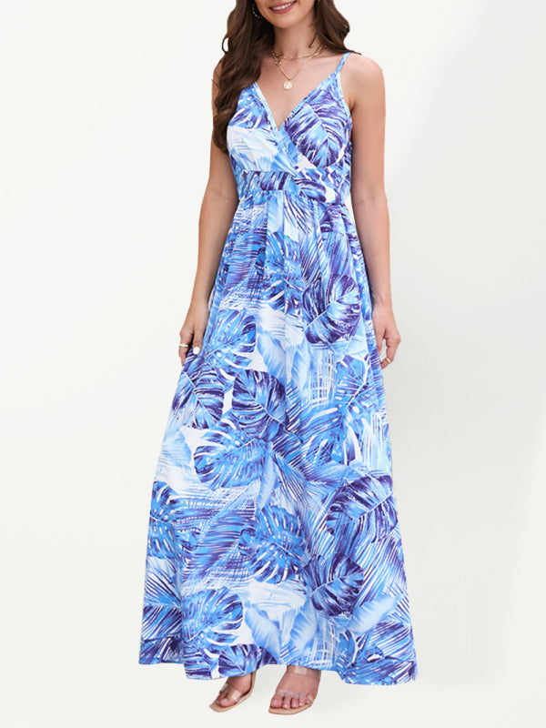 Blue Zone Planet | Bohemian Printed Long Dress Sexy V Neck Sling Dress kakaclo