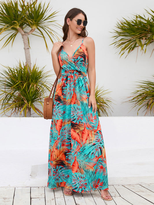 Blue Zone Planet |  Bohemian Printed Long Dress Sexy V Neck Sling Dress kakaclo